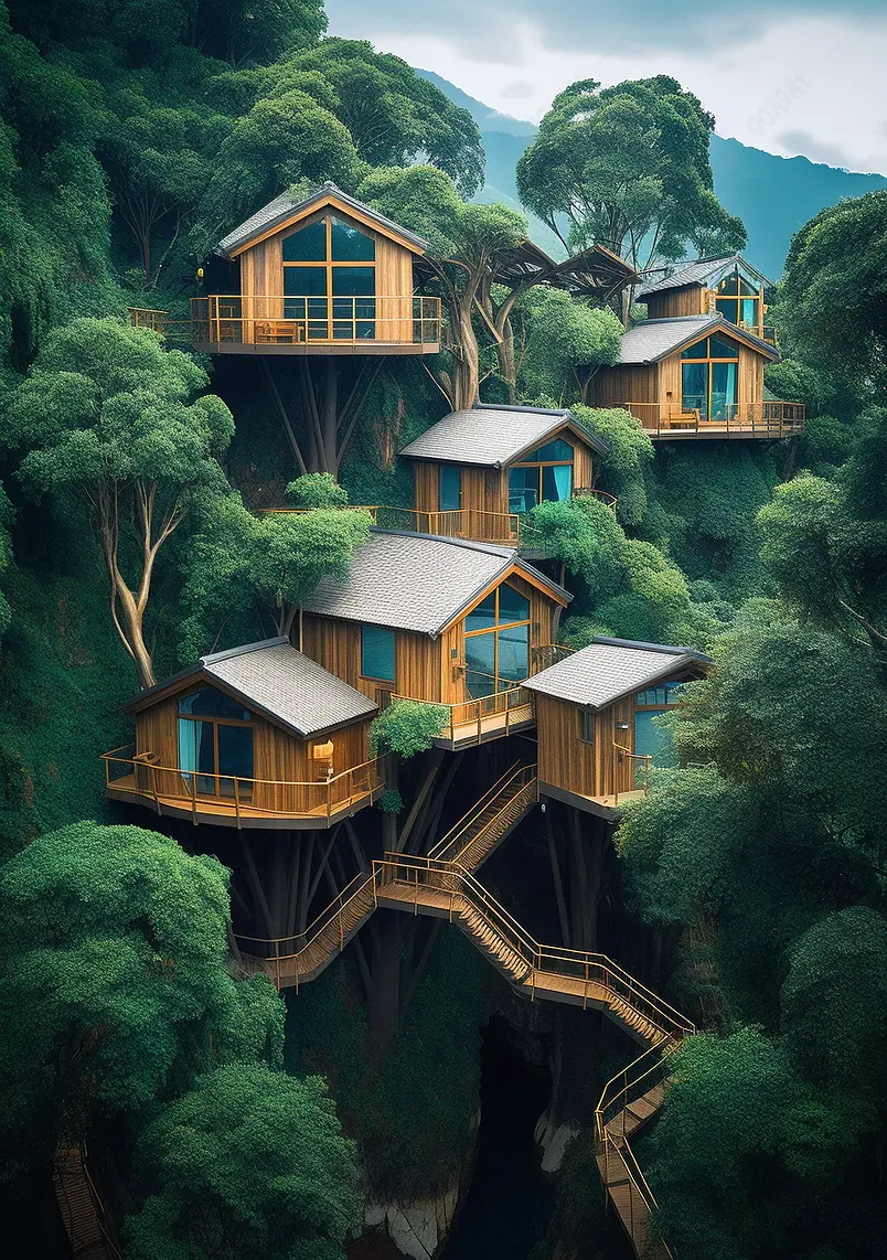 航拍杭州萧山树屋自然建筑风光