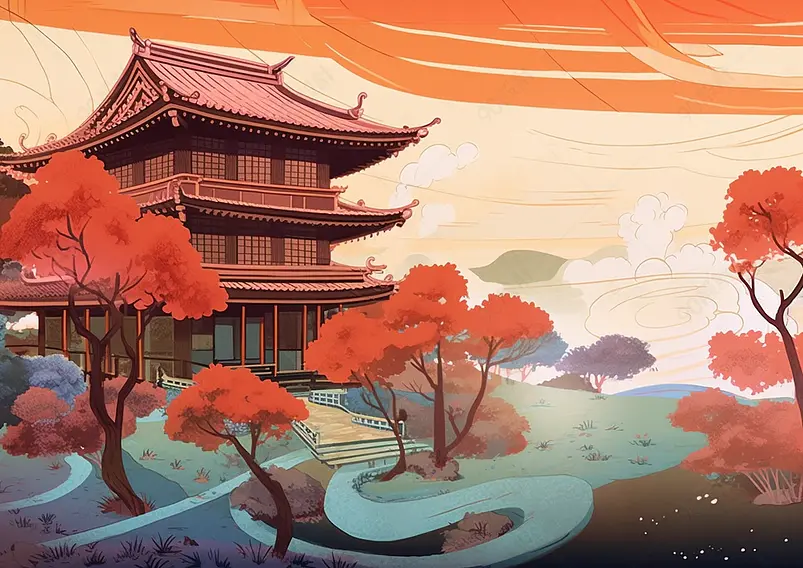 中国风国潮新中式秋季时节古风建筑门前红色的树木室外无人的场景背景插画