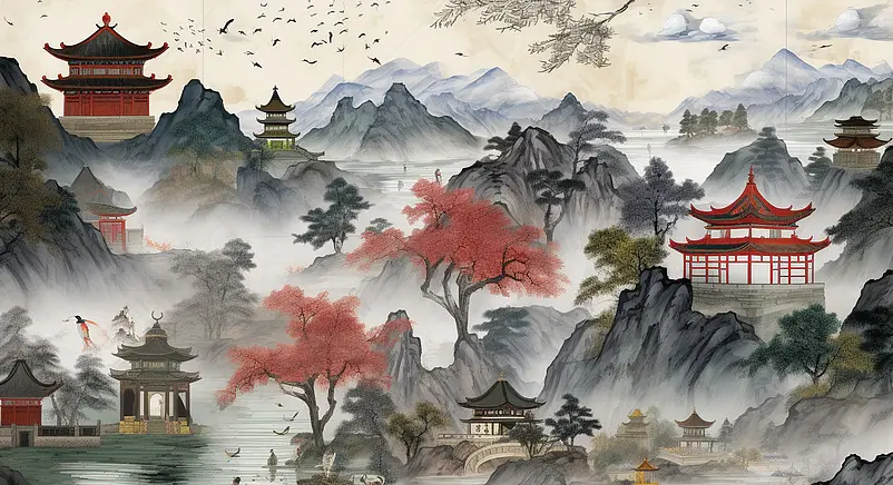河南印象旅游水墨插画