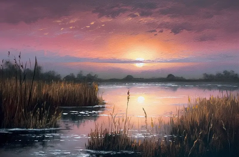 紫色黄色风景画落日余晖湿地水草倒影植物油画家居装饰湿地公园水面如镜