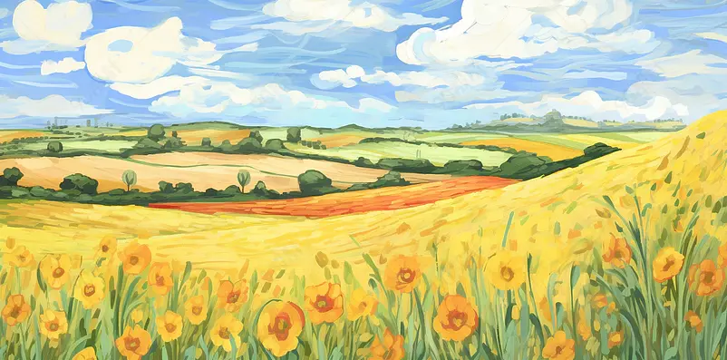 刮刀油画风夏天芒种田园风景插画