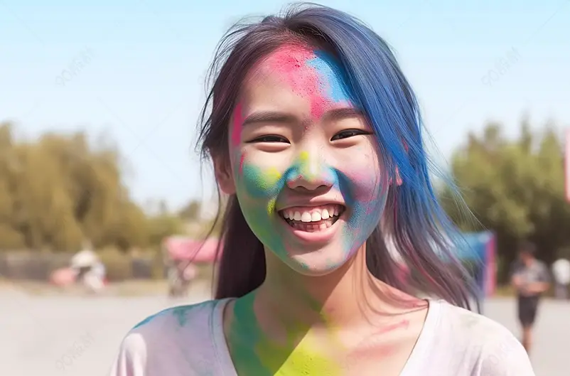 东亚女孩彩色脸部快乐庆祝年轻人摄影图