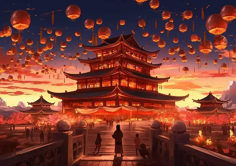 国潮古建筑节日孔明灯插画背景