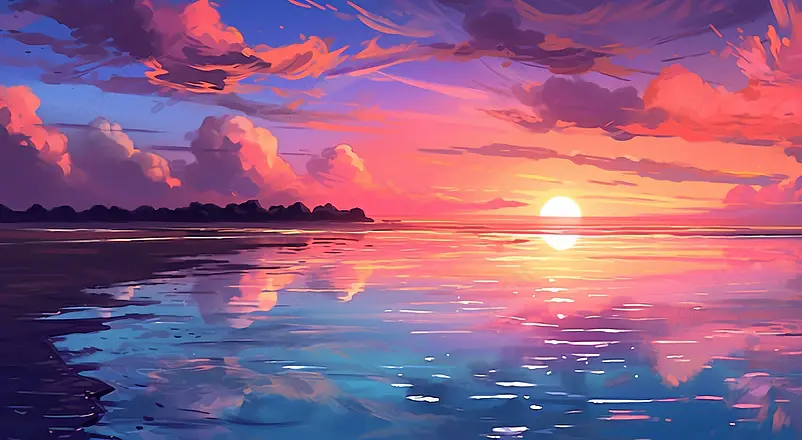 夕阳下的沙滩落日余晖插画