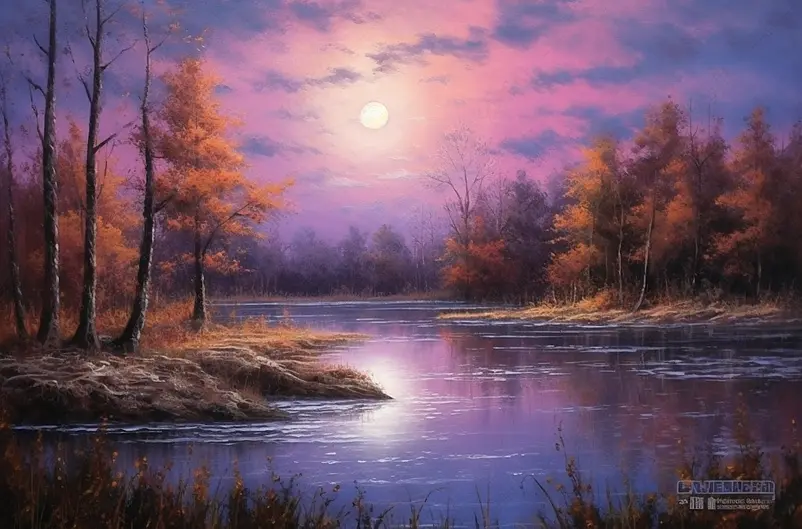 紫色黄色风景画落日余晖湿地水草倒影植物油画家居装饰波光粼粼水面倒影落日