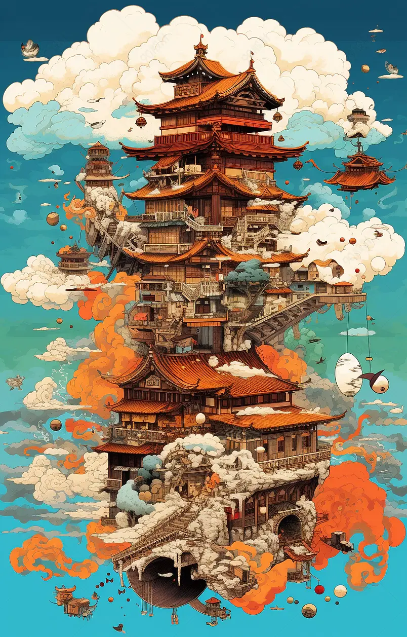 独立的国潮古建筑插画中国风背景