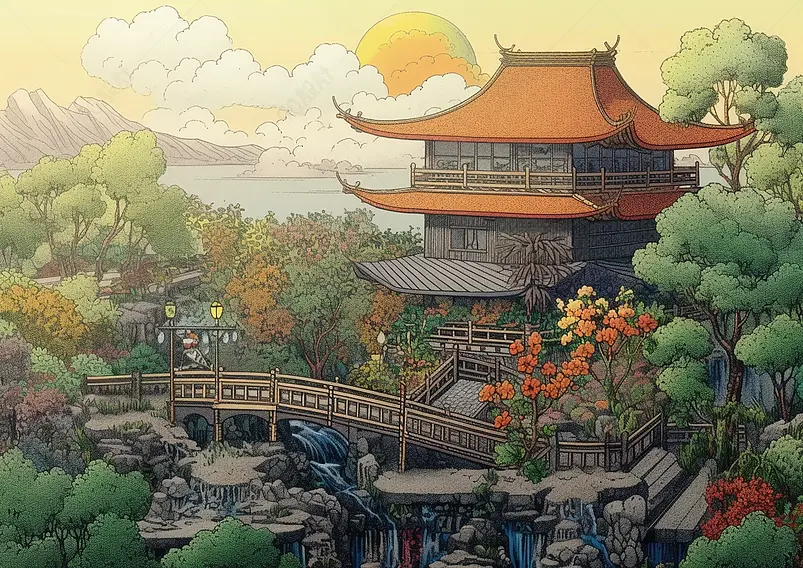 中国风国潮场景风景背景插画展板水边