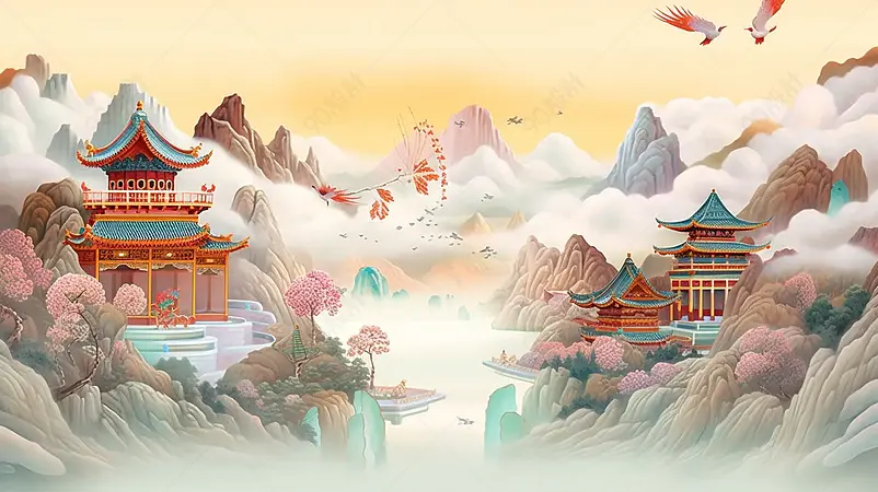 国潮风黄鹤楼地标建筑山水林木和比翼双飞鸟插画