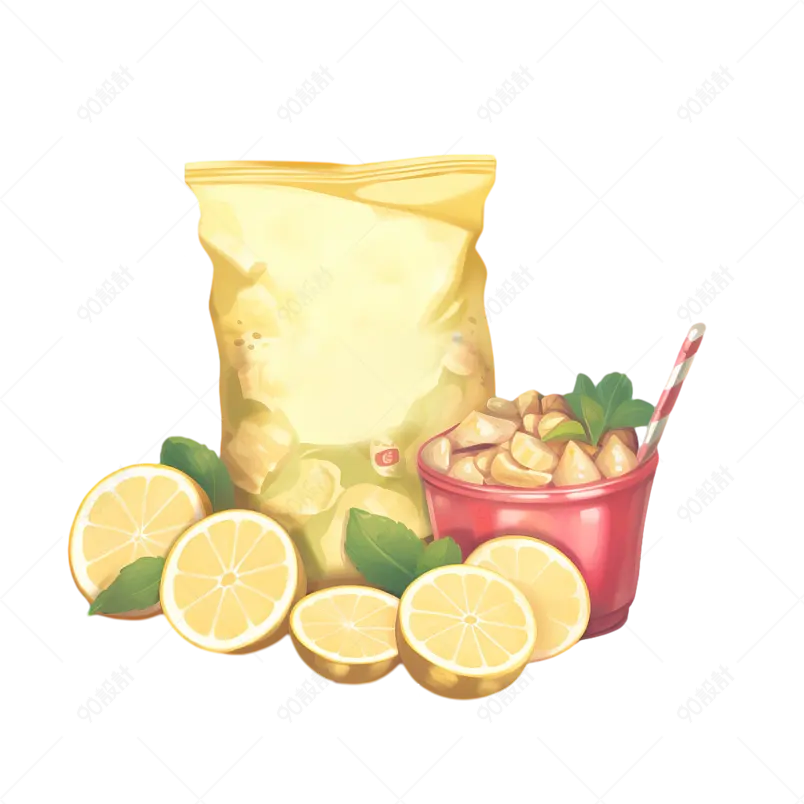 黄色手绘风零食薯片柠檬水果元素