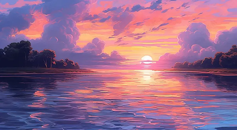 黄昏下的海面波纹岸边森林