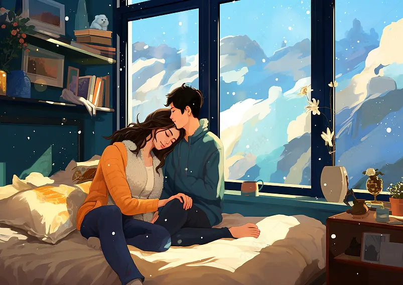 冬季阳光不及你的温暖冬天情侣居家插画