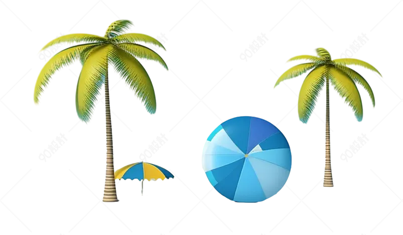 蓝色夏日海边度假椰树遮阳伞元素夏日海边经典元素模型