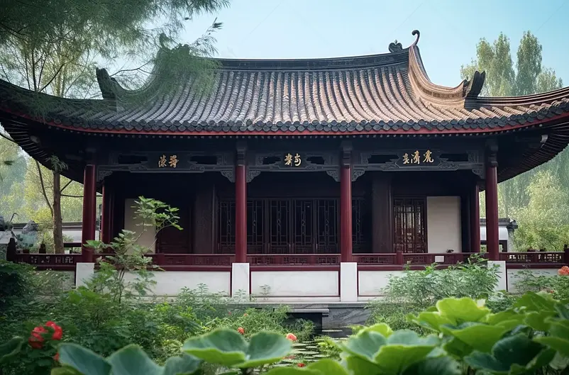 中式园林荷塘亭台建筑景观荷叶美景摄影