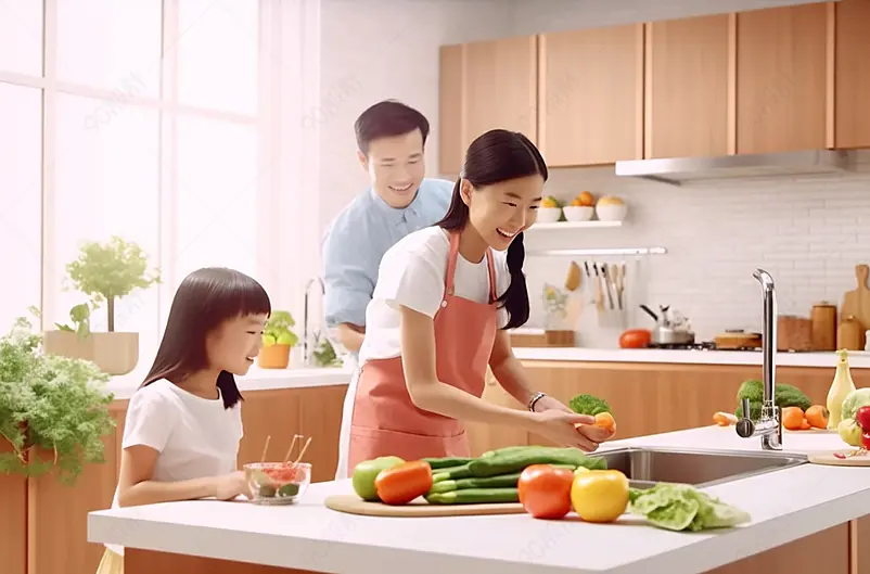 一家三口在厨房做饭