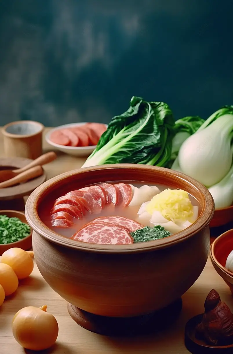 一锅腊味腊肉青菜培根肉卷煲仔饭摆放在厨房餐桌上餐饮美食图像摄影