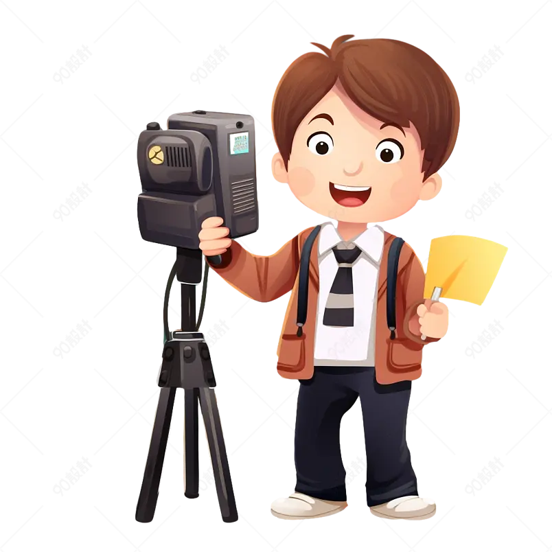 主播摄影做采访的男孩卡通人物插画
