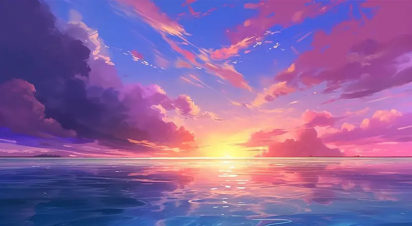 紫色唯美渐变梦幻海洋风景绘画