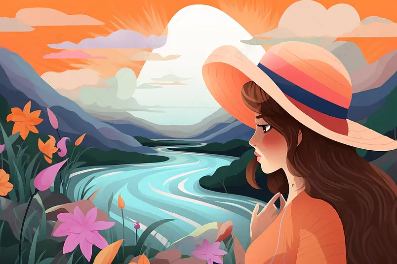 夏日暑假旅途摄影插画