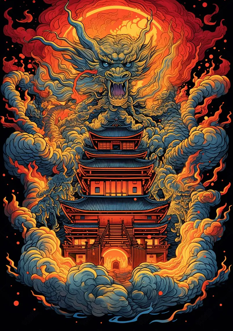 蓝色中国风国潮风中式建筑龙背景