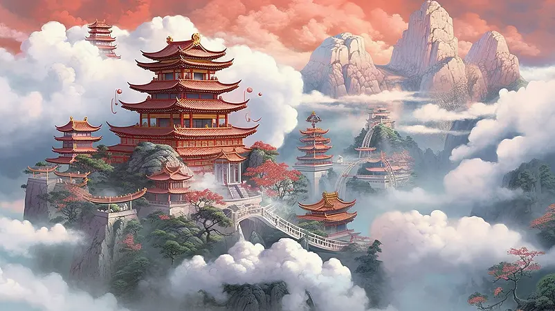 国潮风黄鹤楼地标建筑山水云雾祥云环绕四周插画