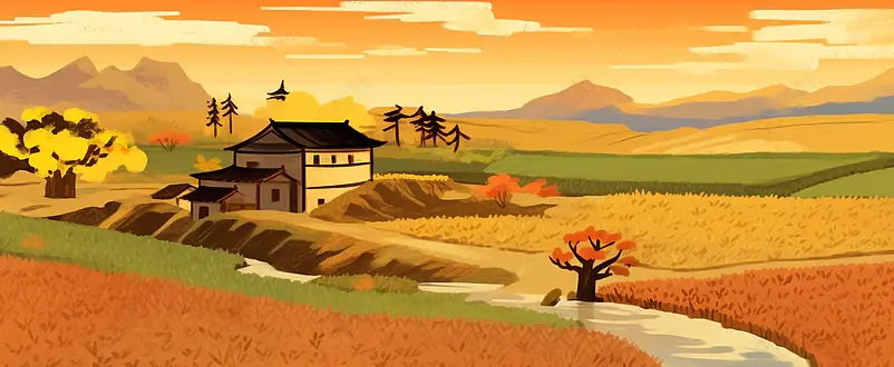 二十四节气芒种丰收秋季小麦田手绘风插画Banner