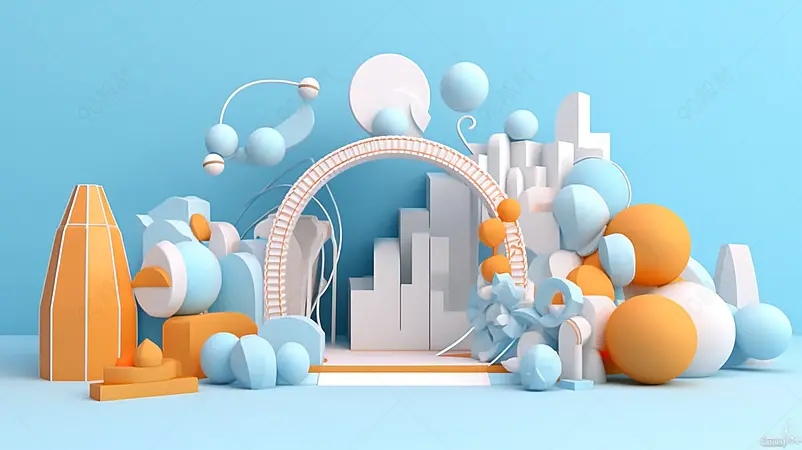 假山游乐场背景创意空间建模3D雪白场景建筑蓝色系