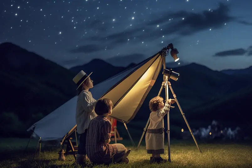 儿童露营夜晚使用天文望远镜看星空