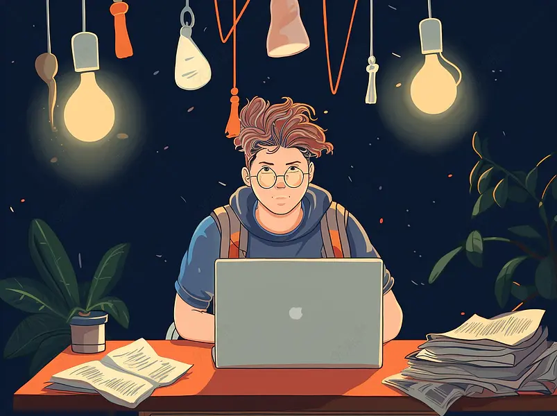 书桌前中有了灵感的男子