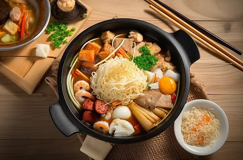 浅色木板美食摄影菜单砂锅米线亮调