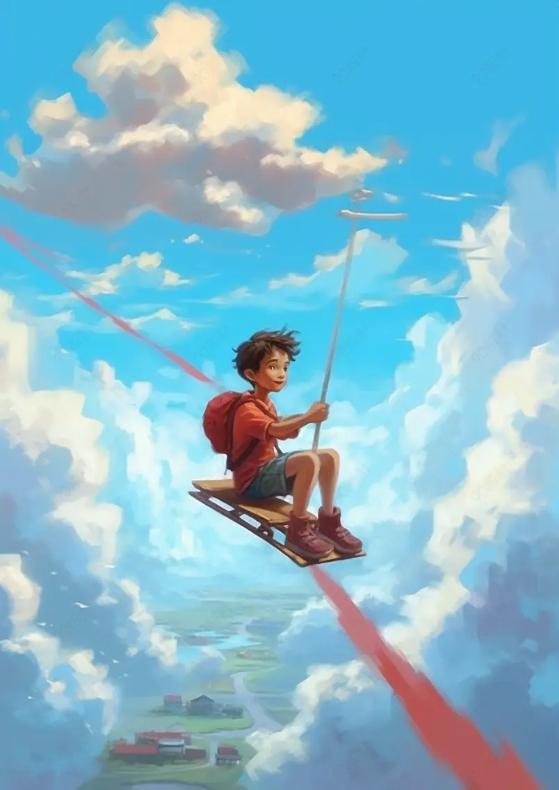 唯美画风儿童节男孩飞翔天空插画