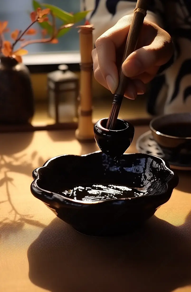 手拿毛笔蘸墨水特写