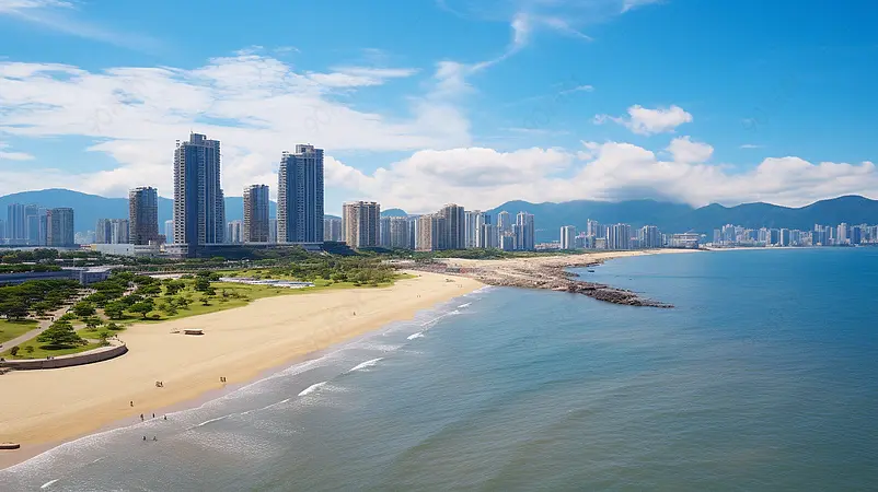 海岸线建筑群旅行景点宣传背景图