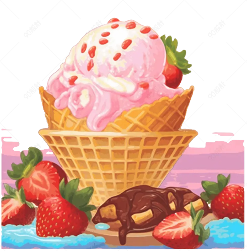 卡通手绘华夫饼草莓冰淇淋实物图