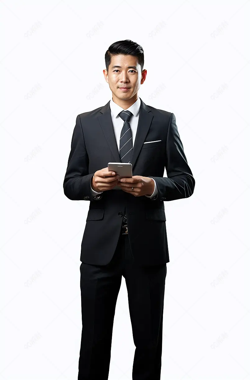 身着深色西装套装使用手机的年轻男士