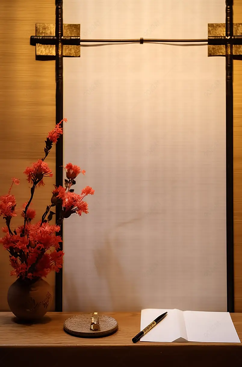 桌子上摆放的空白宣纸与毛笔