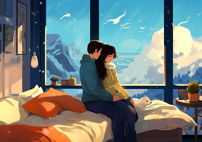 冬季阳光不及你的温暖冬天情侣居家插画