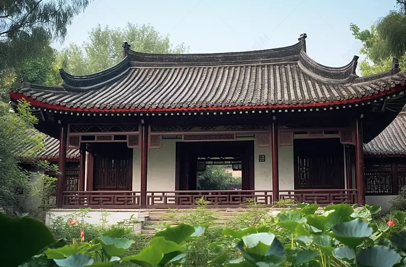 荷塘荷叶亭台中式园林建筑景观美景摄影