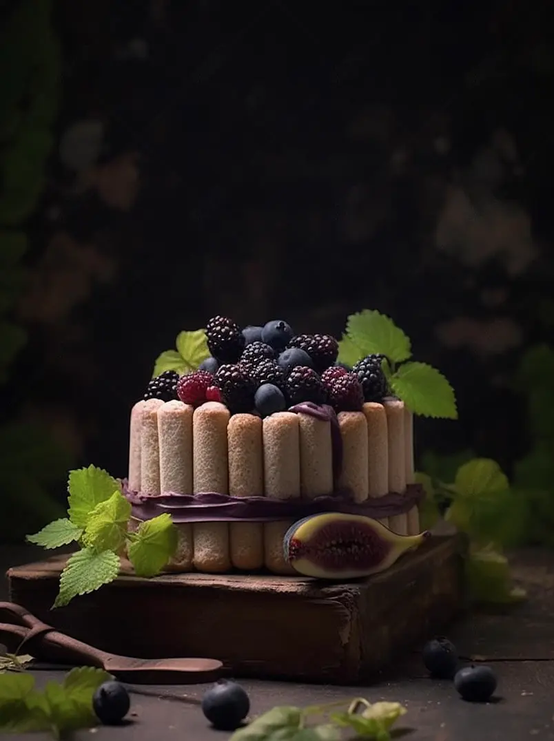 黑色蓝莓桑葚薄荷叶饼干蛋糕果酱美食摄影背景