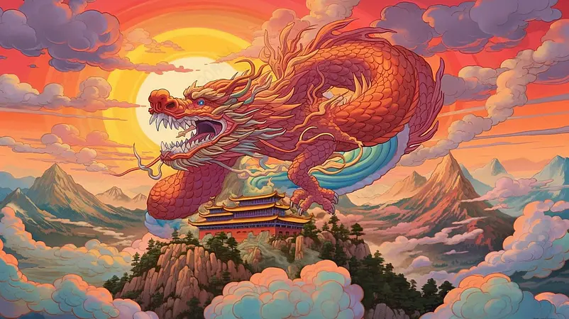 国潮风黄鹤楼地标建筑山水插画太阳背景下神龙腾空而起