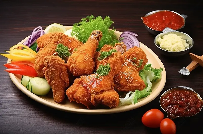 油炸食品煎炸风味香辣炸鸡鸡快即食食品蔬果摆盘摄影图