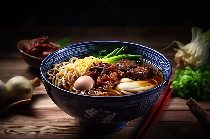 红烧牛肉面大碗拉面蔬菜蛋中国传统美食