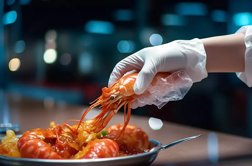 一个戴手套的手正在拿小龙虾鲜虾海产品宵夜饮食实拍图