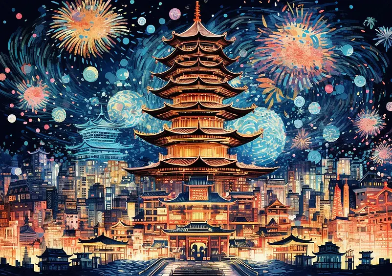 国潮古建筑节日背景插画
