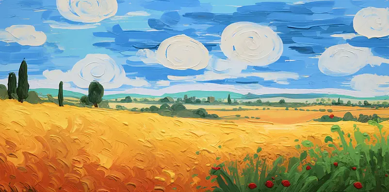 刮刀油画风炎热夏日麦田田野风景