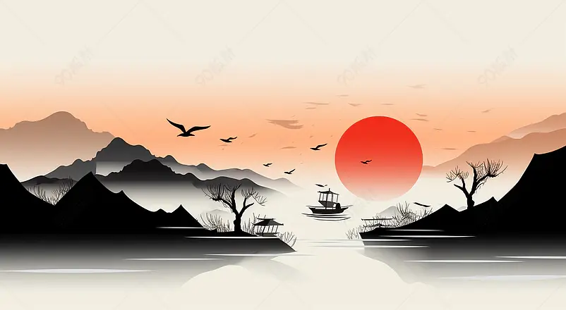 红日中国水墨印象背景
