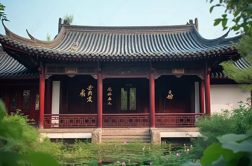 荷塘红色亭台中式园林建筑景观荷叶美景摄影