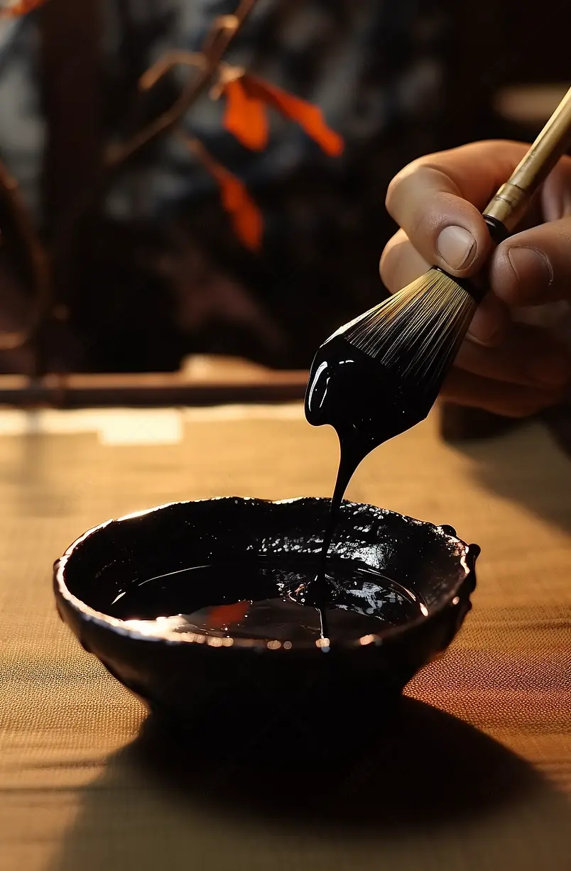手拿毛笔蘸墨水特写