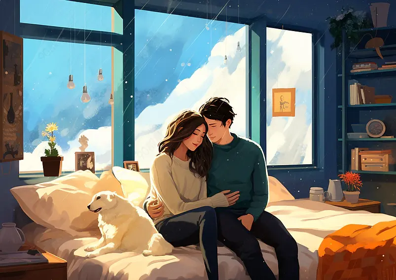 冬季阳光不及你的温暖冬天情侣居家插画