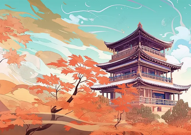 中国风国潮新中式秋季时节古风建筑树木枫树树叶室外无人的场景背景插画