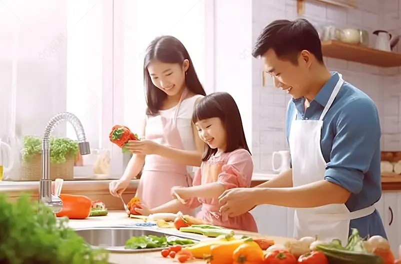 一家三口在厨房做饭